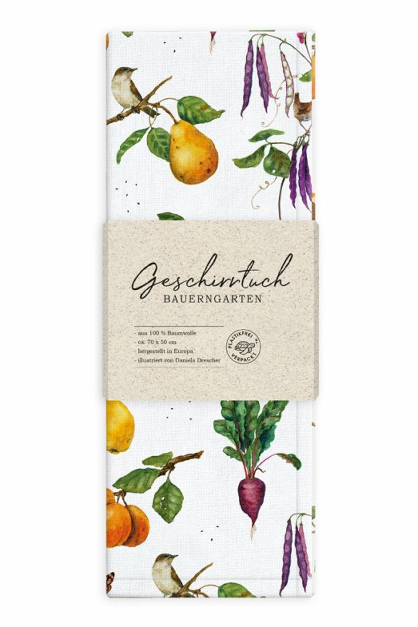 Das Geschirrtuch Bauerngarten aus 100 % Baumwolle, illustriert von Daniela Drescher für den Grätz Verlag, zeigt verschiedene Obst- und Gemüsesorten wie Birnen, Quitten, Rüben und Erbsenschoten auf einem weißen Hintergrund. Kleine Vögel sitzen auf Zweigen. Das Geschirrtuch ist ca. 70 x 50 cm und wurde in Europa produziert und wird plastikfrei mit einer Papierbanderole geliefert.